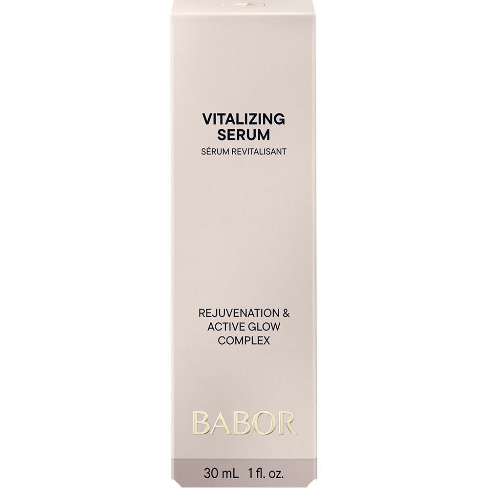 Babor Skinovage Vitalizing Serum, Seitenansicht mit deutscher Textbeschreibung.
