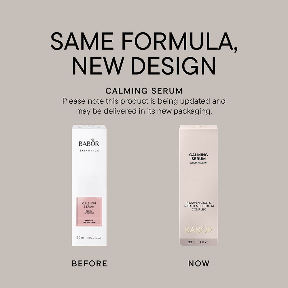 Babor Skinovage Calming Serum Flasche, Seitenansicht mit deutscher Beschriftung.