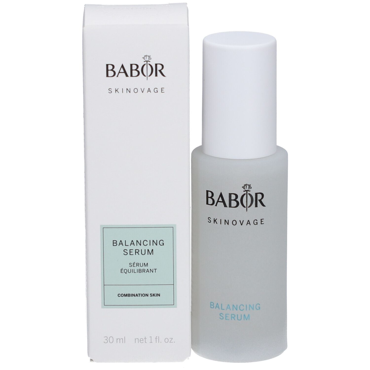BABOR Skinovage Balancing Serum mit Verpackung. Aufschrift: Balancing Serum, 30 ml.