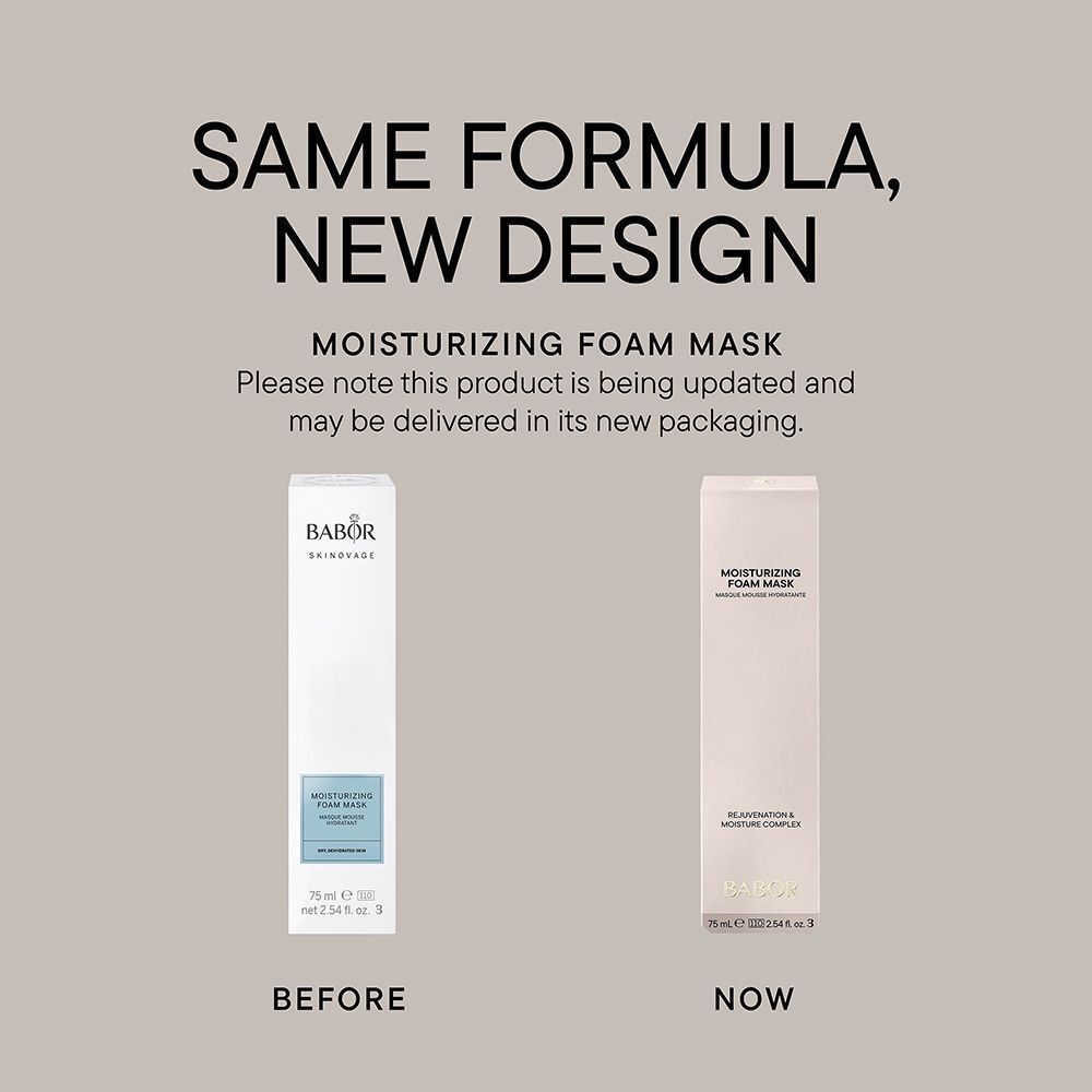 Weiße Sprühflasche für BABOR SKINOVAGE Moisturizing Foam Mask, Vorderseite mit deutscher Beschriftung.