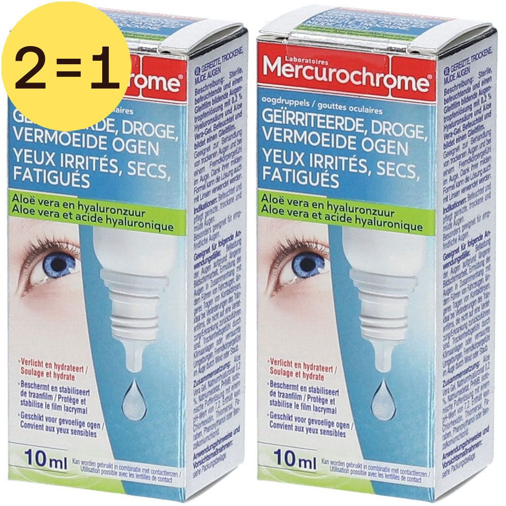 Deux boîtes de gouttes oculaires Mercurochrome. 1+1 gratuit. Emballage bleu et blanc avec informations produit.
