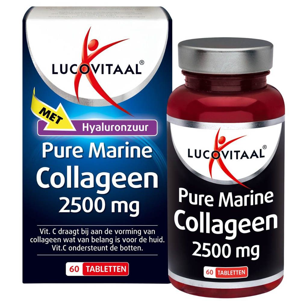 Doos en fles Lucovitaal® Pure Marine Collagène 2500 mg. Bevat 60 tabletten.