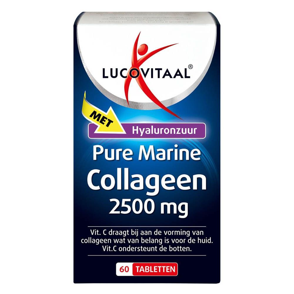 Doos Lucovitaal® Pure Marine Collagène 2500 mg. Blauwe verpakking met productinfo.