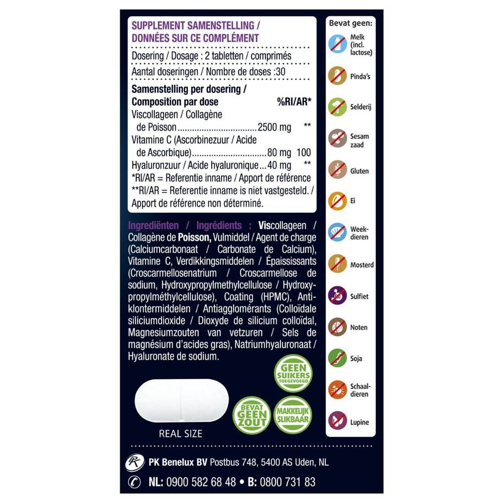 Achterkant verpakking Lucovitaal® Pure Marine Collagène. Ingrediënten, voedingsinfo en allergenen.
