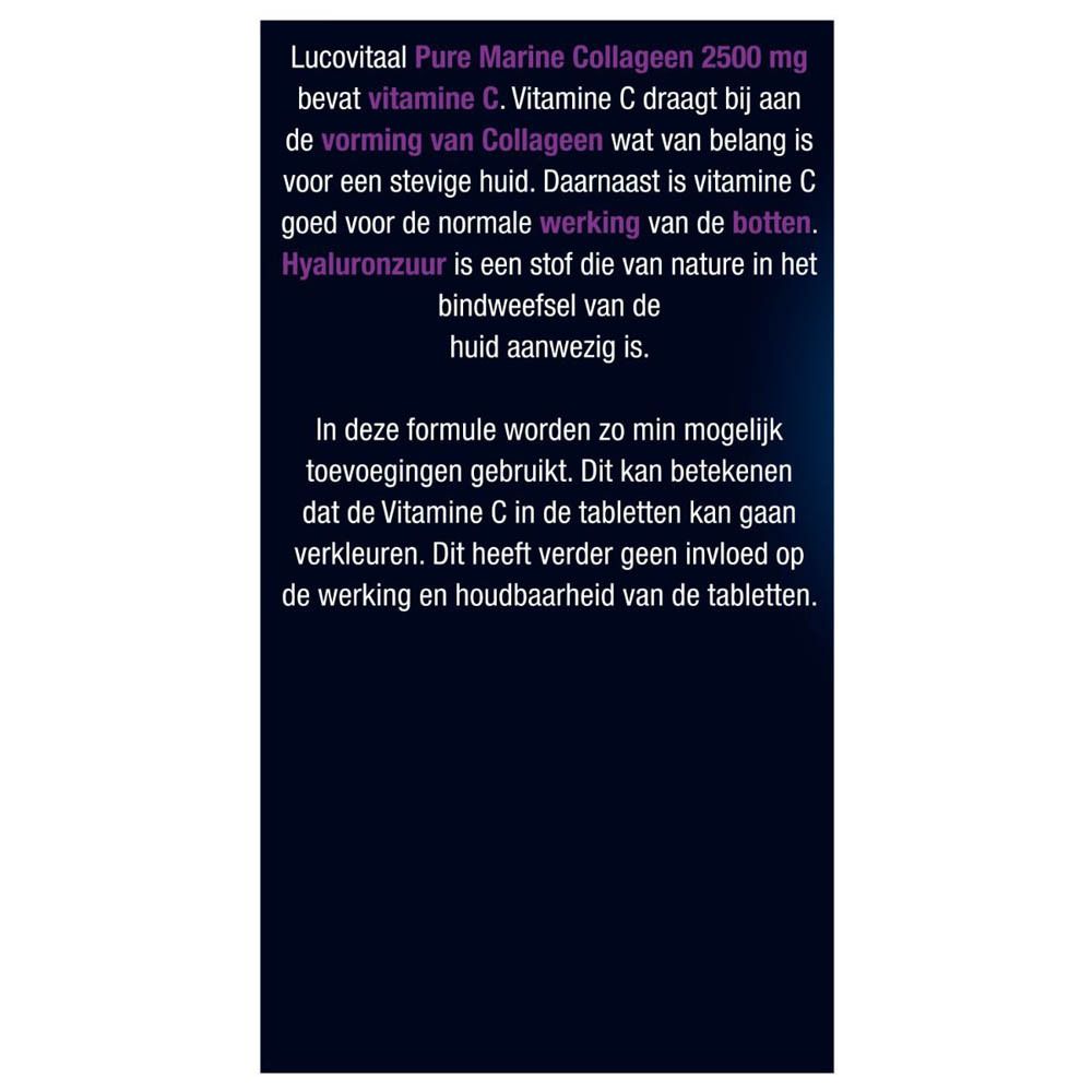 Tekst op verpakking Lucovitaal® Pure Marine Collagène. Info over vitamine C en hyaluronzuur.
