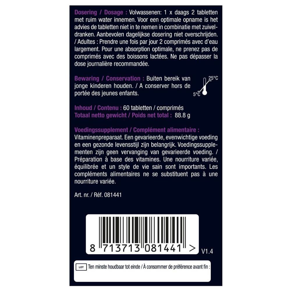 Achterkant verpakking Lucovitaal® Pure Marine Collagène. Dosering, bewaring, inhoud en fabrikantinfo.
