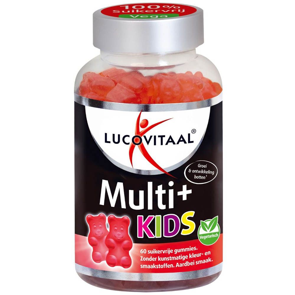 Flacon transparent rempli de bonbons gélifiés rouges. Inscription : Lucovitaal Multi+ KIDS. Label végétalien.
