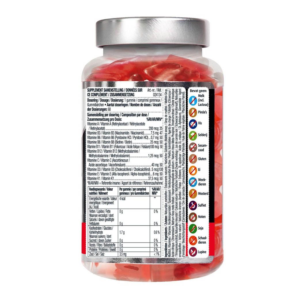 Dos du flacon avec informations nutritionnelles et tableau des ingrédients. Plusieurs symboles et informations.