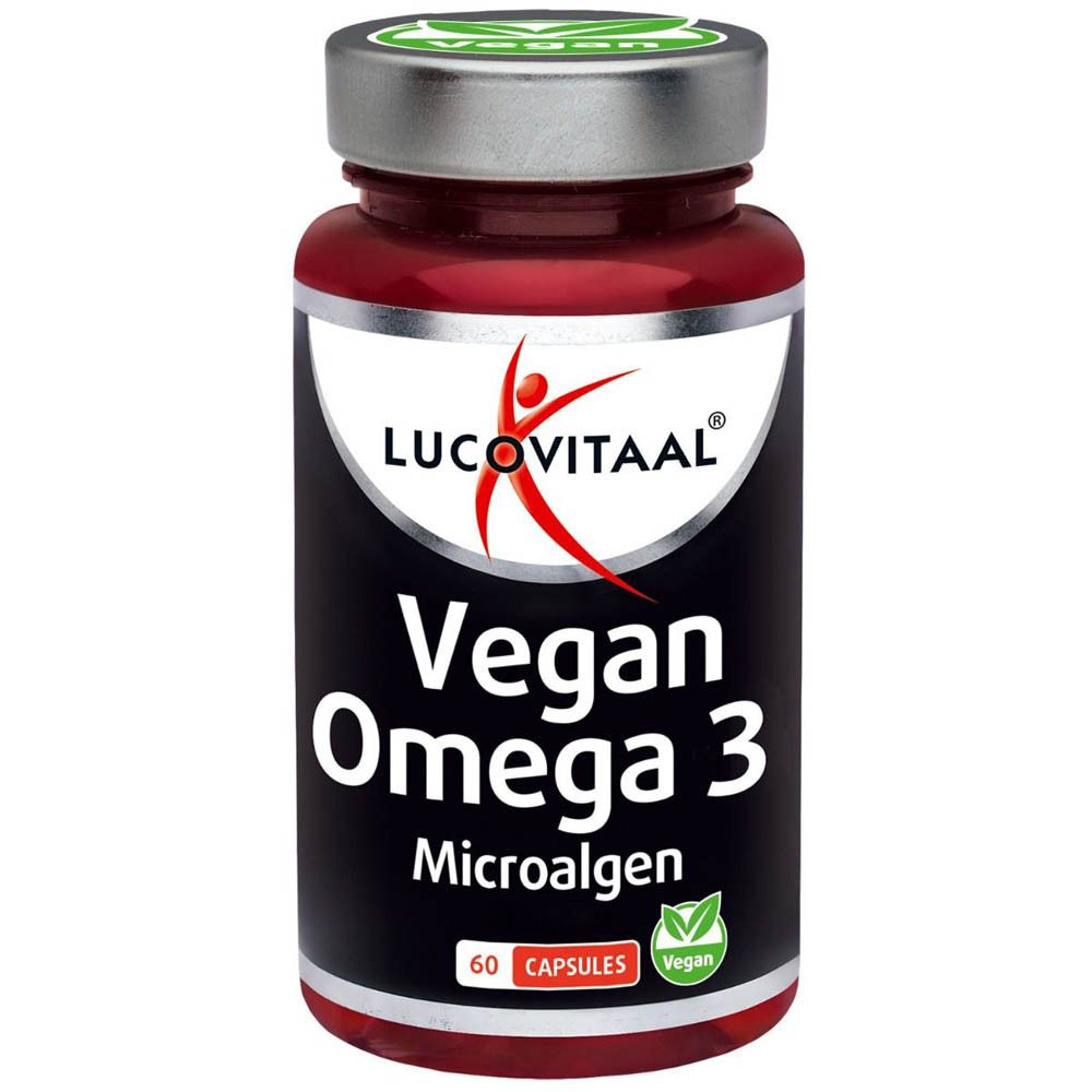 Flacon brun avec couvercle argenté. Inscription : Vegan Omega 3 Microalgues. 60 gélules. Label Vegan.