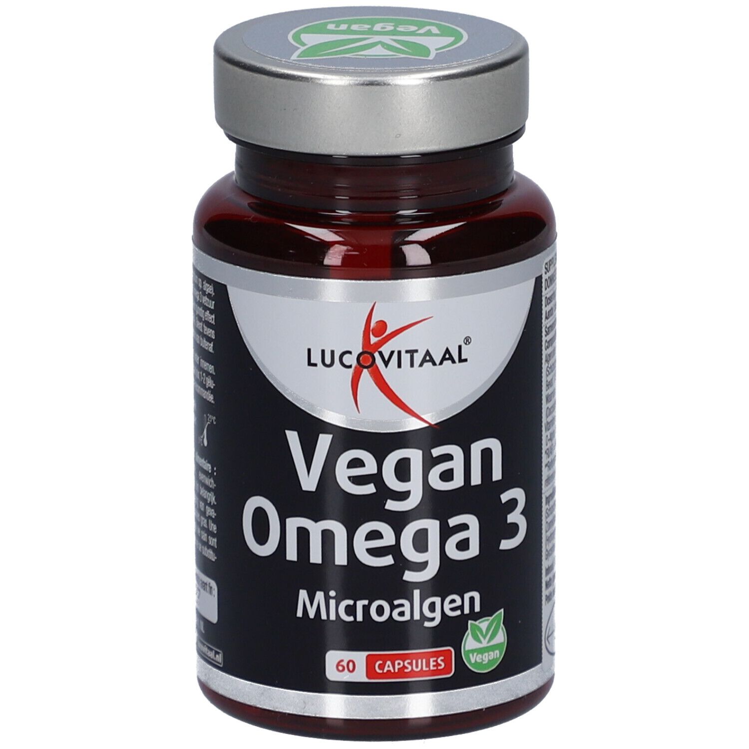 Braune Kapsel-Dose mit silbernem Deckel. Aufschrift: Vegan Omega 3 Microalgen. 60 Kapseln. Vegan-Siegel.