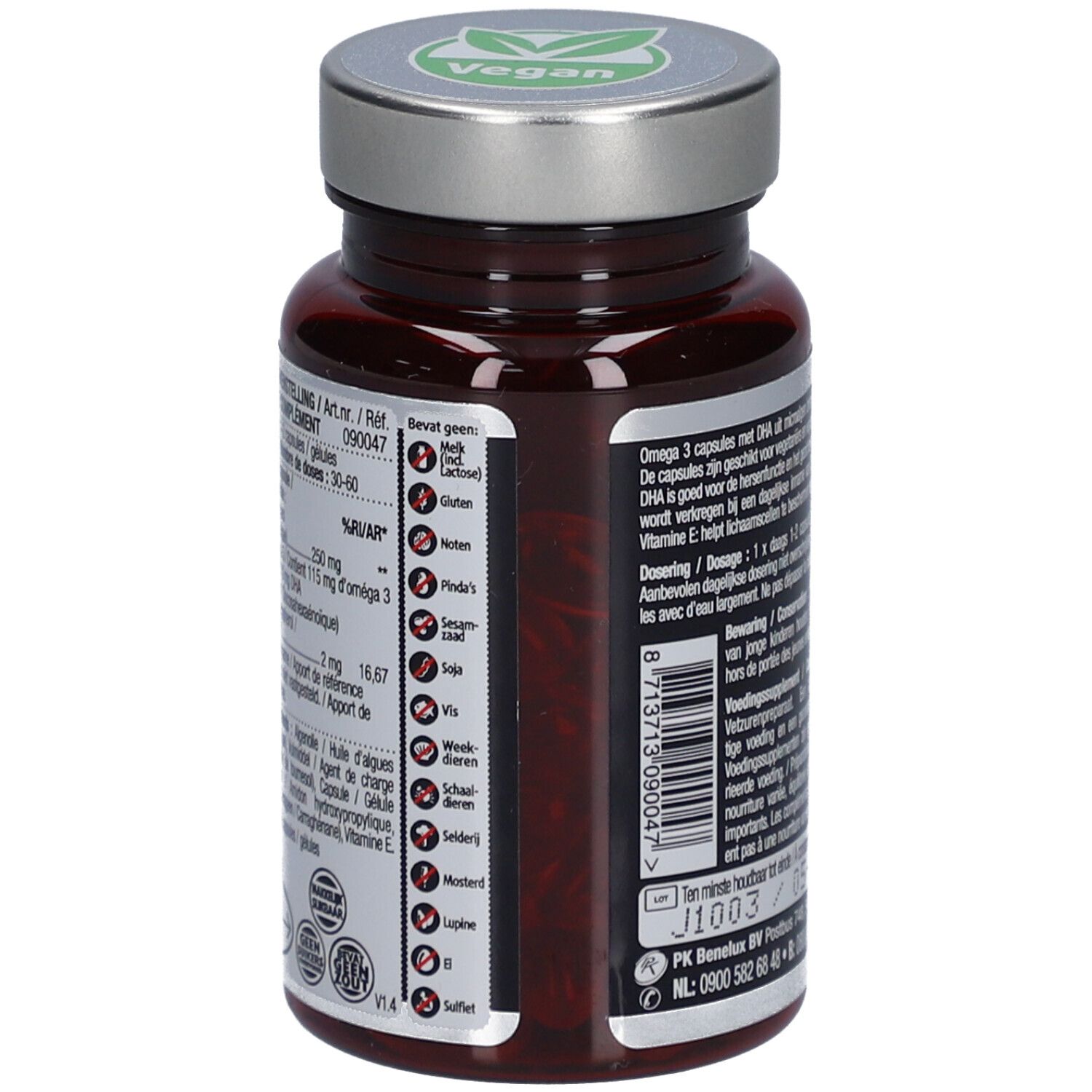 Rückseite der Kapsel-Dose. Text in mehreren Sprachen. Allergenhinweise. Barcode. Herstellerinformationen.