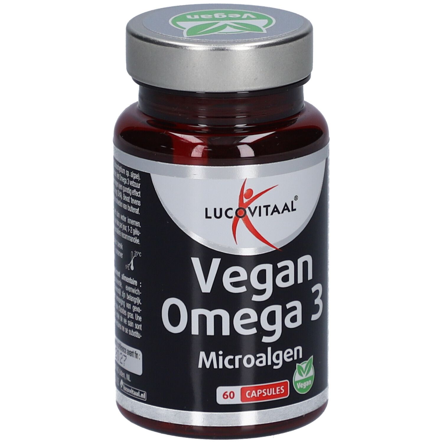 Braune Kapsel-Dose mit silbernem Deckel. Aufschrift: Vegan Omega 3 Microalgen. 60 Kapseln. Vegan-Siegel.