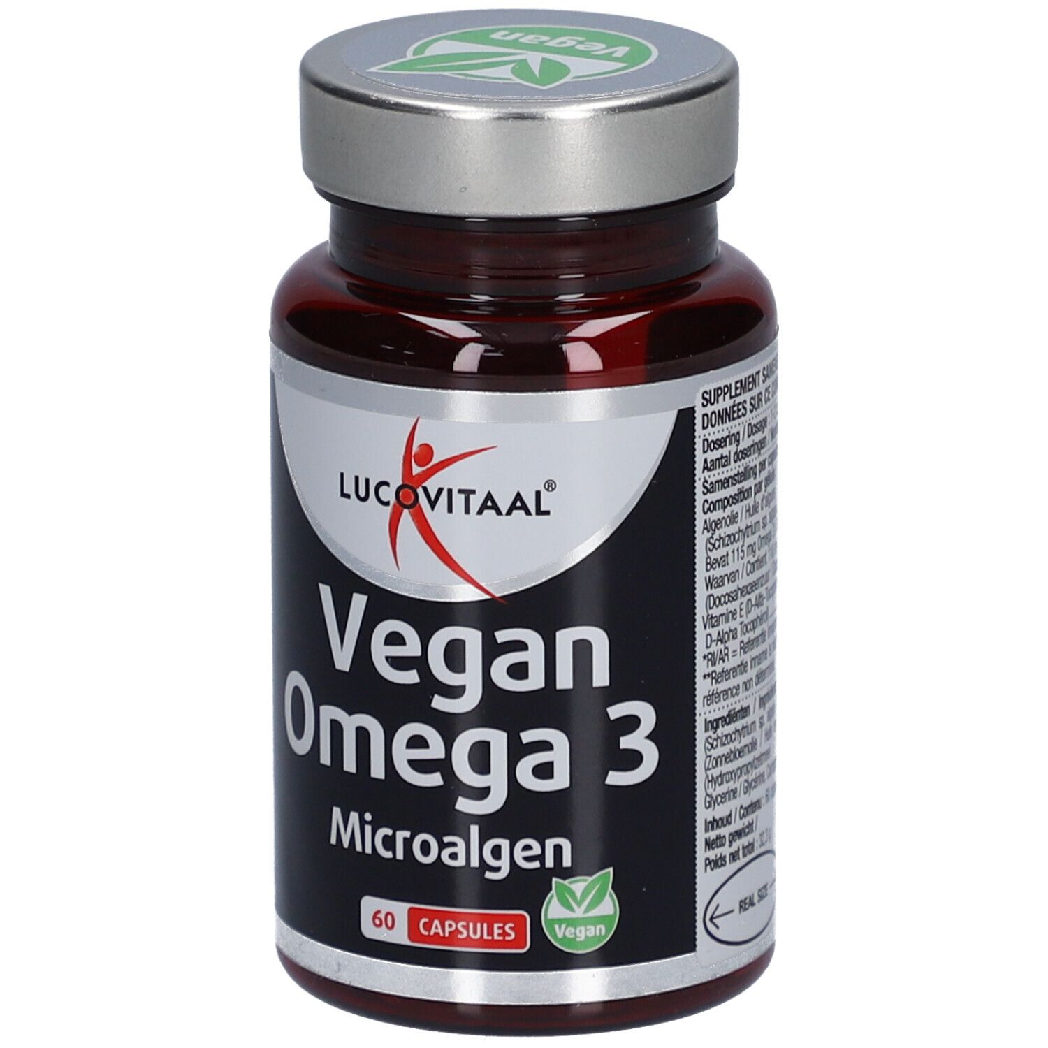 Braune Kapsel-Dose mit silbernem Deckel. Aufschrift: Vegan Omega 3 Microalgen. 60 Kapseln. Vegan-Siegel.