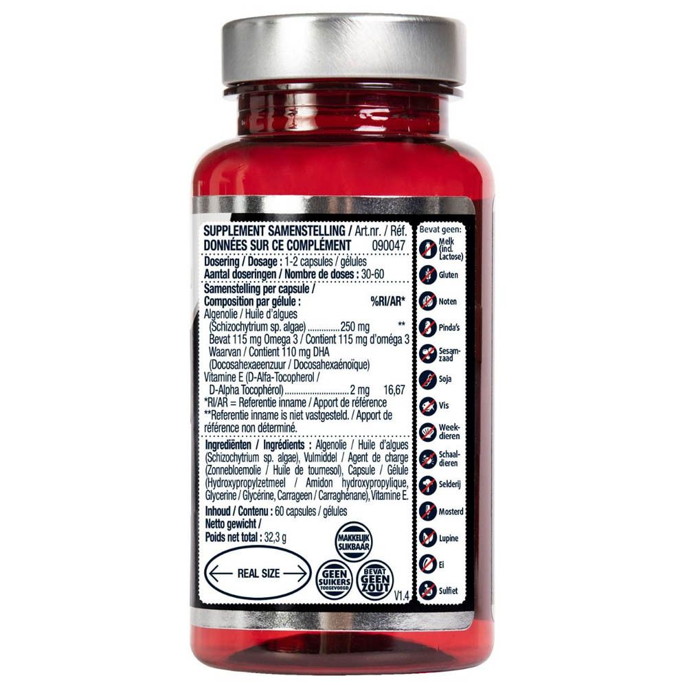 Dos du flacon de gélules. Texte multilingue. Ingrédients. Poids net 32,3g. Label Vegan.
