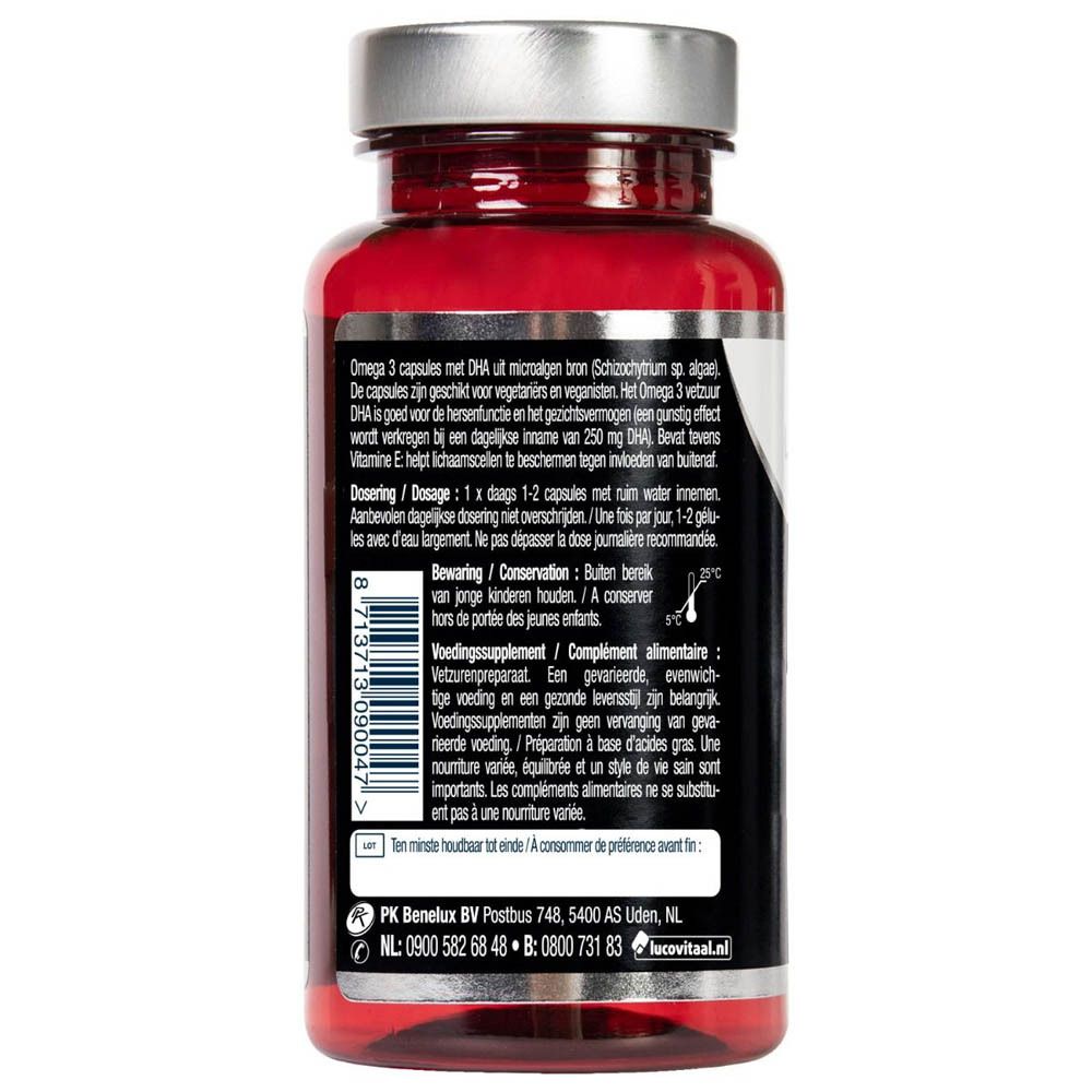 Dos du flacon de gélules. Texte multilingue. Code-barres. Informations fabricant. Label Vegan.