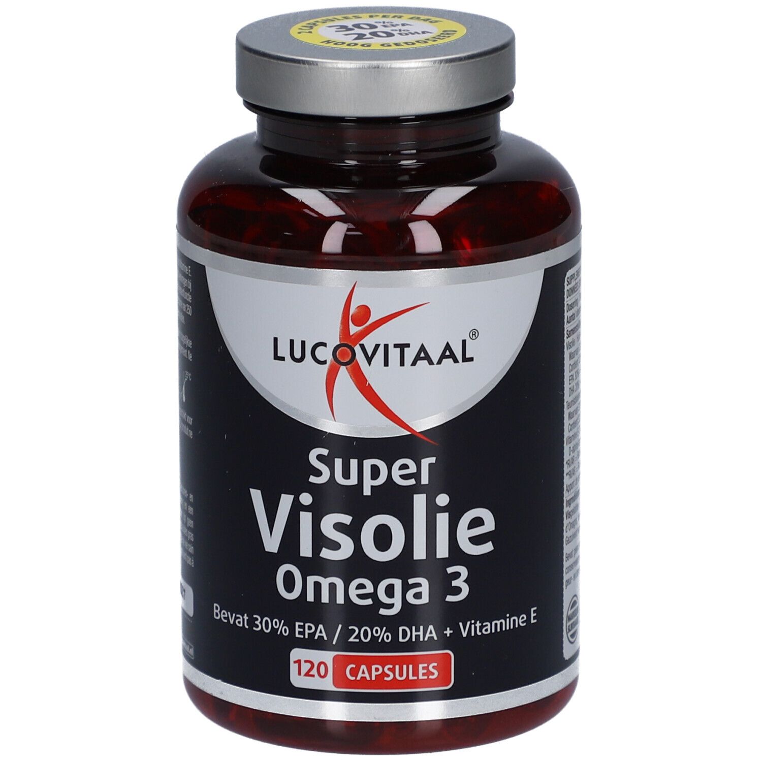 Braune Flasche mit Kapseln. Aufschrift: Lucovitaal Super Visolie Omega 3. 120 Kapseln. Mit Omega 3, EPA, DHA und Vitamin E.