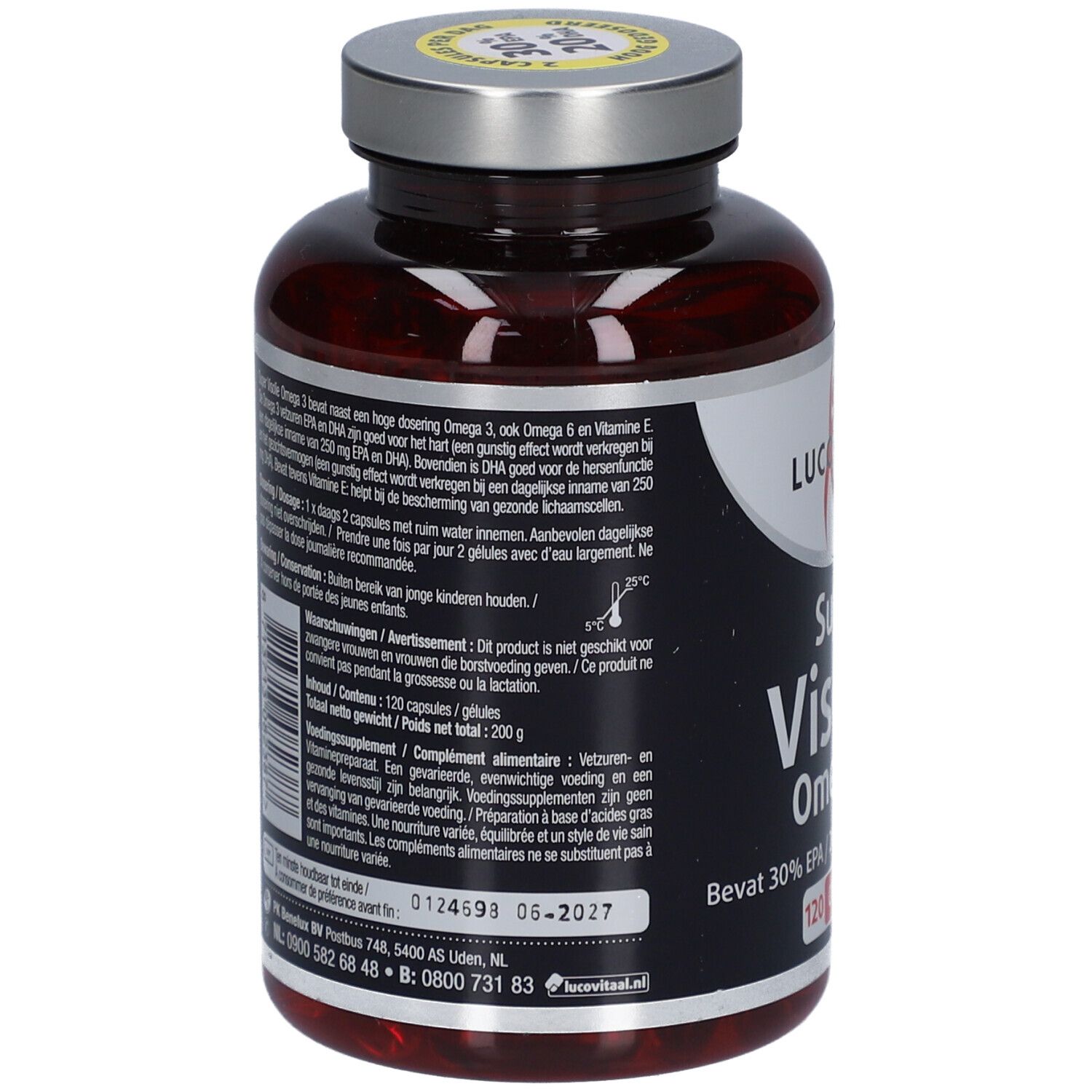 Rückseite der Flasche mit Kapseln. Textinformationen zu Inhaltsstoffen, Dosierung und Warnhinweisen. Mit Haltbarkeitsdatum.