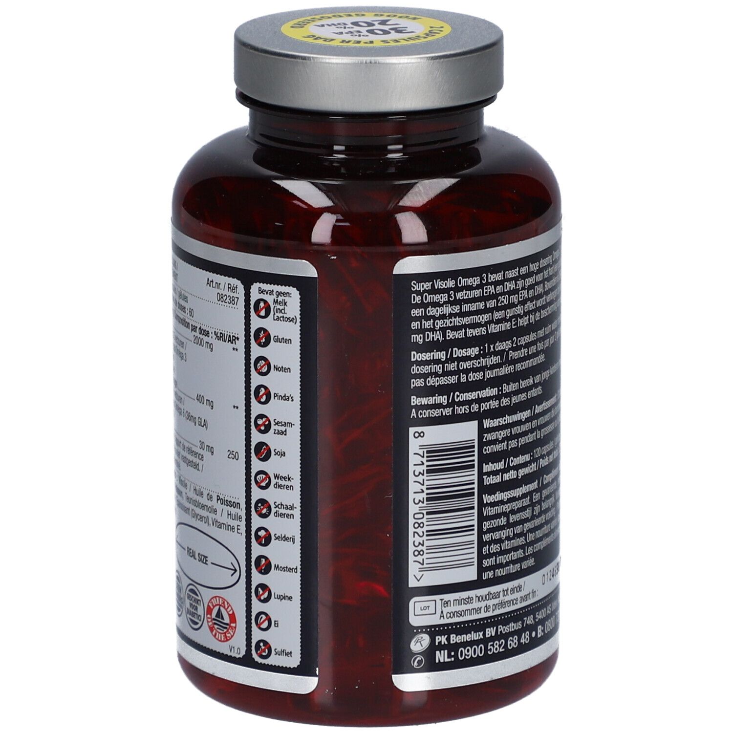 Rückseite der Flasche mit Kapseln. Textinformationen zu Inhaltsstoffen, Dosierung und Warnhinweisen. Mit Haltbarkeitsdatum.