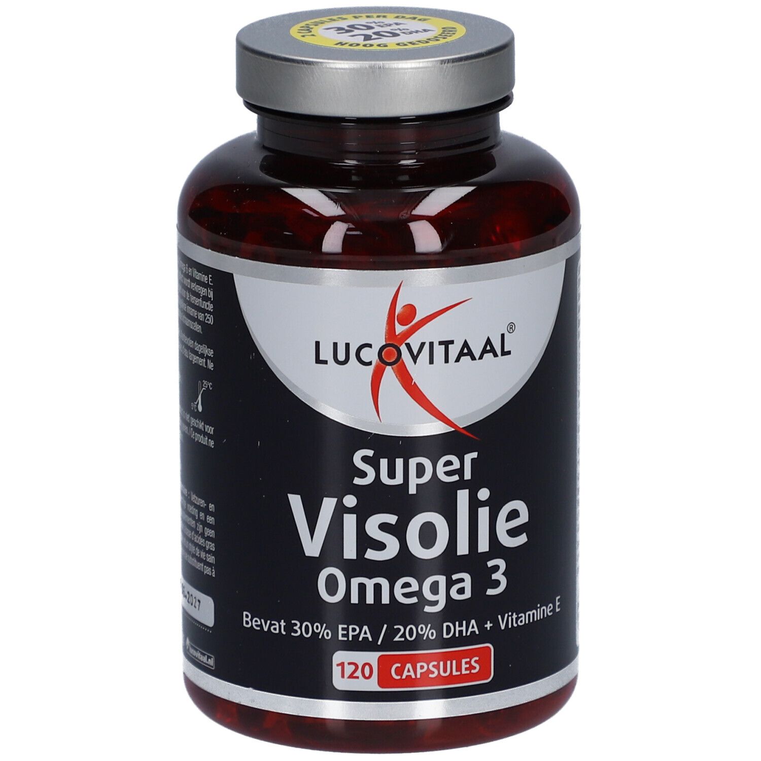 Braune Flasche mit Kapseln. Aufschrift: Lucovitaal Super Visolie Omega 3. 120 Kapseln. Mit Omega 3, EPA, DHA und Vitamin E.