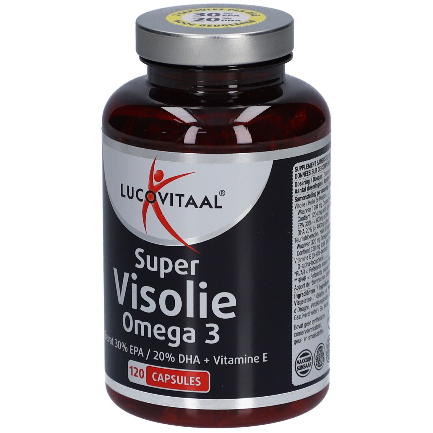 Braune Flasche mit Kapseln. Aufschrift: Lucovitaal Super Visolie Omega 3. 120 Kapseln. Mit Omega 3, EPA, DHA und Vitamin E.