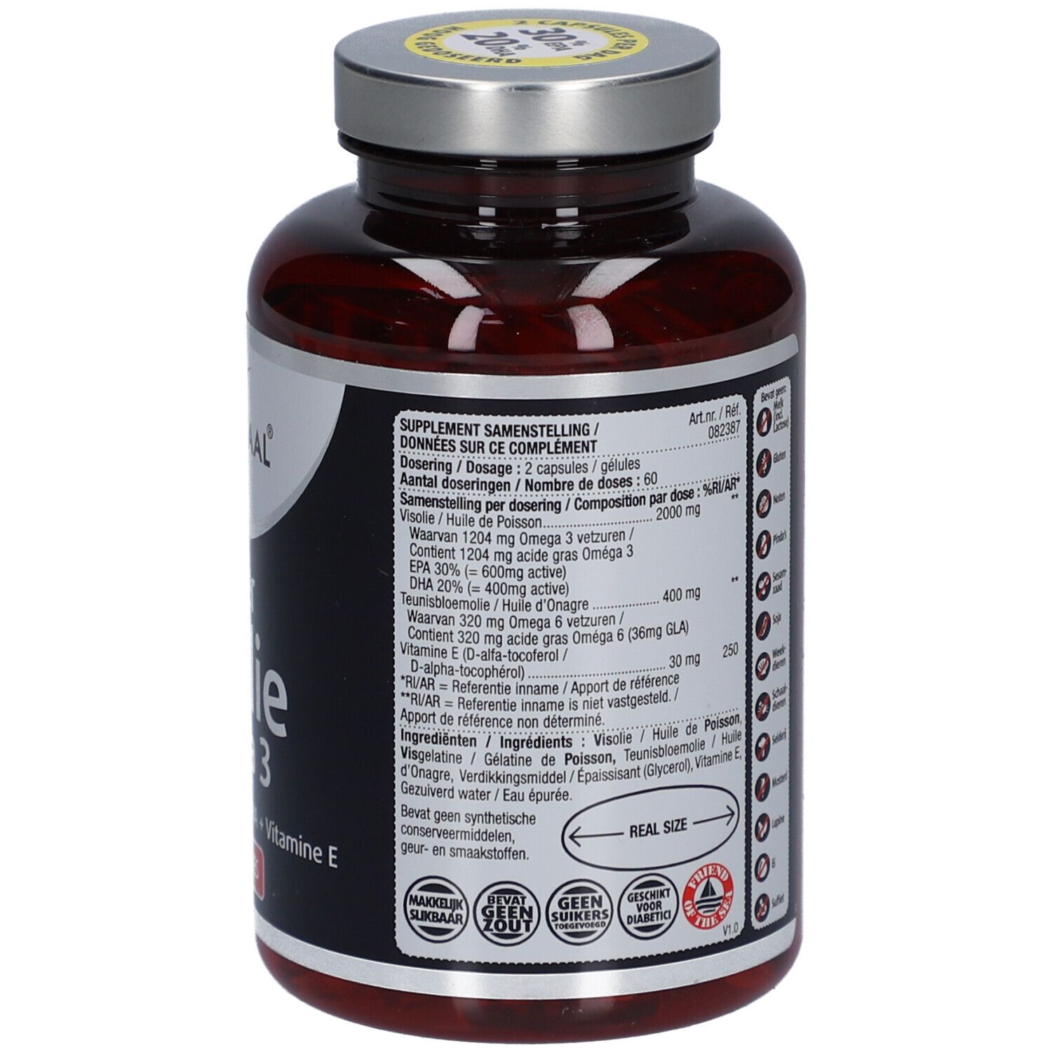 Rückseite der Flasche mit Kapseln. Textinformationen zu Inhaltsstoffen, Dosierung und Warnhinweisen. Mit Haltbarkeitsdatum.