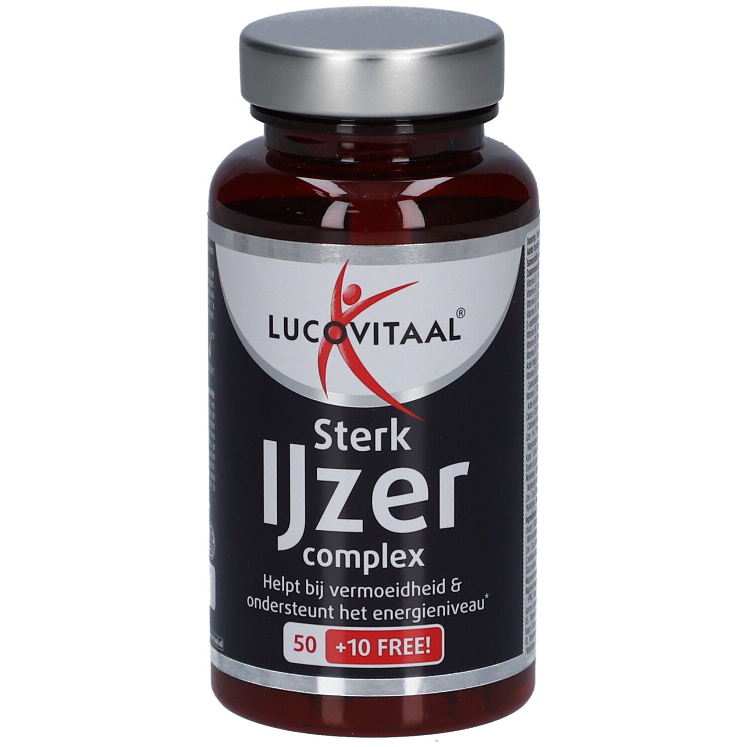 Braune Flasche mit silbernem Deckel. Aufschrift: Lucovitaal, Sterk IJzer complex. Enthält 50 + 10 Tabletten.