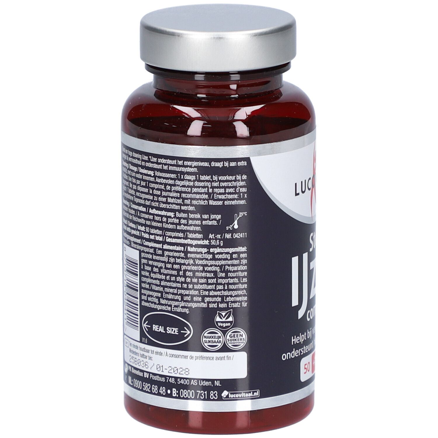 Rückseite der braunen Flasche mit silbernem Deckel. Text in mehreren Sprachen. Enthält Informationen zu Inhaltsstoffen und Dosierung.