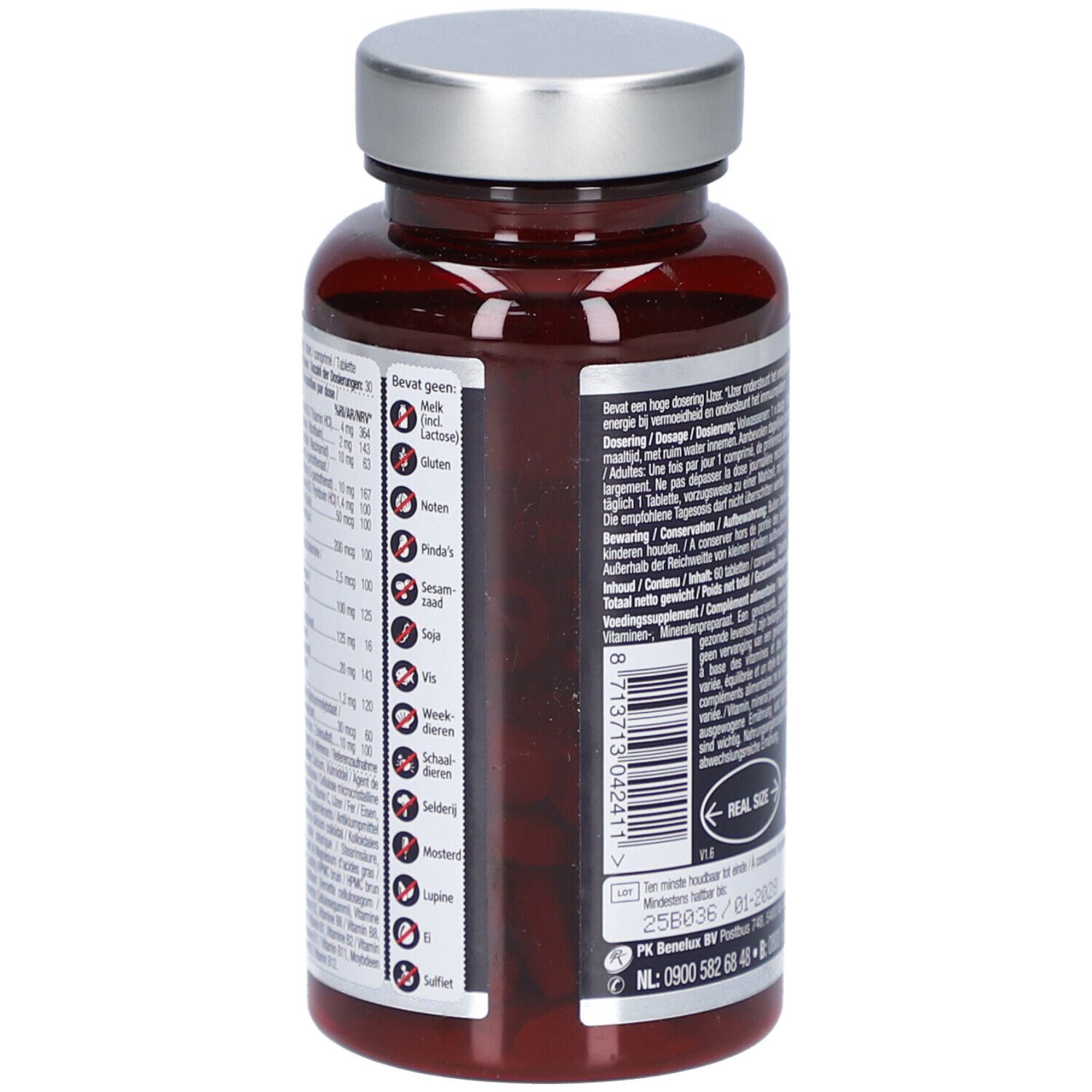 Rückseite der braunen Flasche mit silbernem Deckel. Enthält eine Liste von Allergenen. Vegan-Siegel.