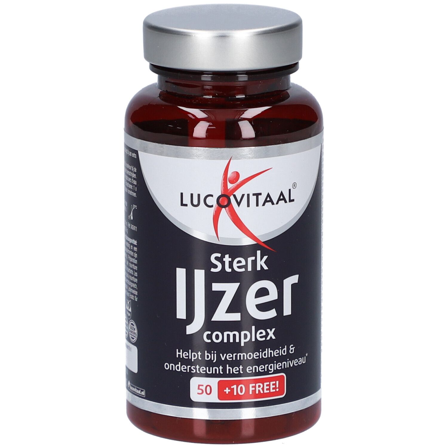 Braune Flasche mit silbernem Deckel. Aufschrift: Lucovitaal, Sterk IJzer complex. Enthält 50 + 10 Tabletten.