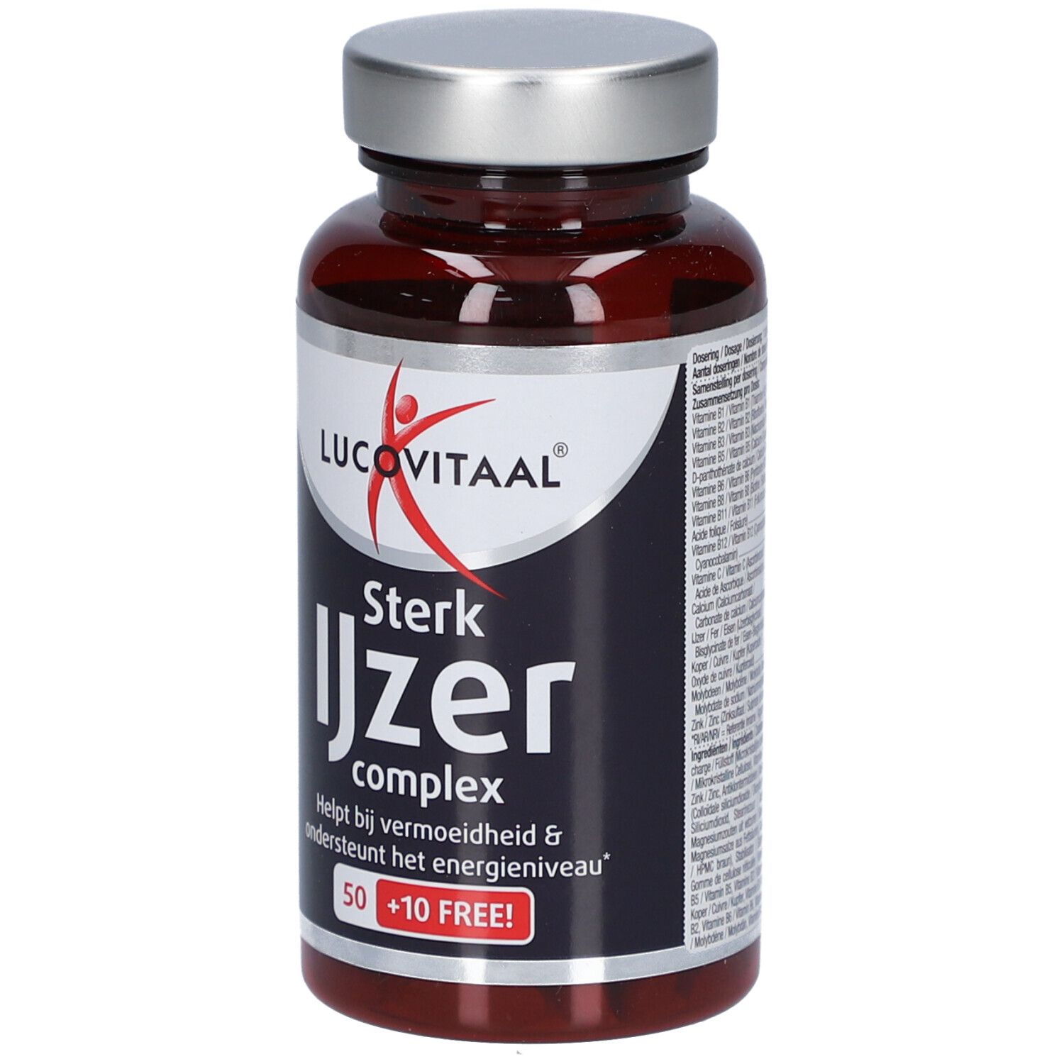 Braune Flasche mit silbernem Deckel. Aufschrift: Lucovitaal, Sterk IJzer complex. Enthält 50 + 10 Tabletten.