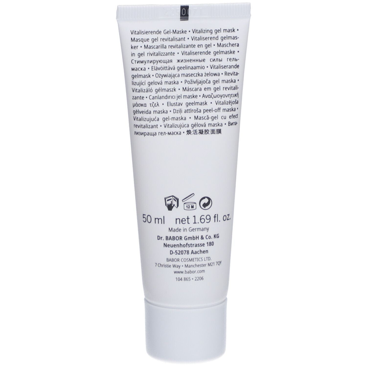 Rückseite der weißen Tube. Mehrsprachiger Text. 50 ml, 1.69 fl. oz. Made in Germany. Babor-Adresse.