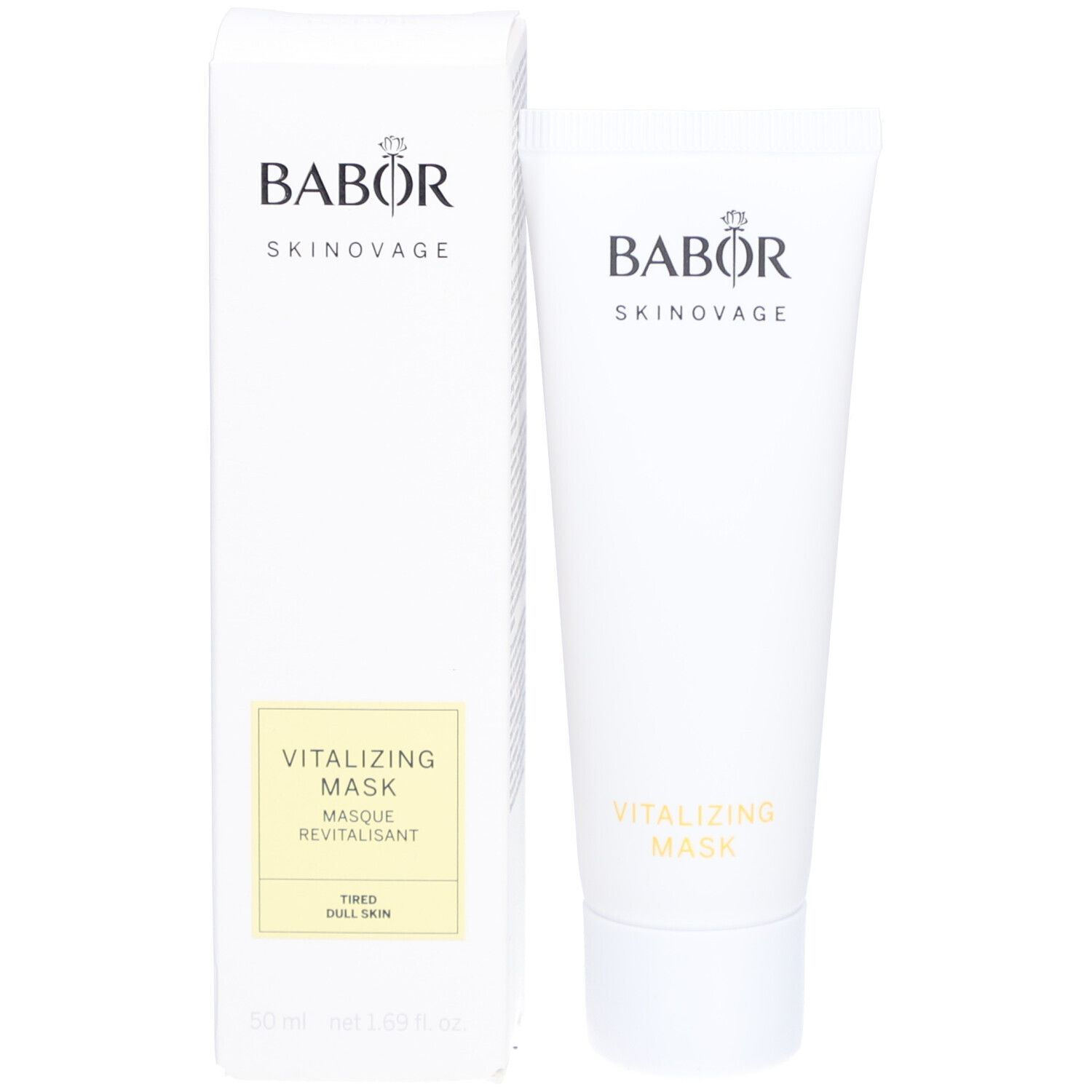 Weiße Verpackung mit Tube. Babor-Logo und SKINAVAGE. Aufschrift Vitalizing Mask. Aufschrift Tired Dull Skin.