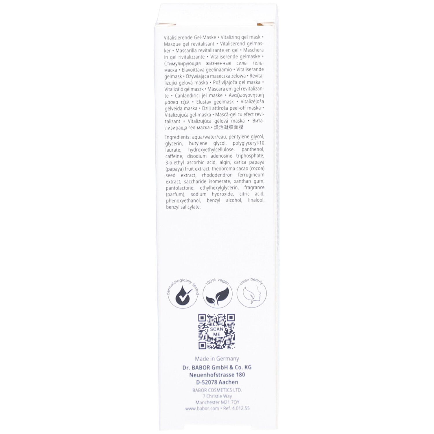 Rückseite der weißen Verpackung. Mehrsprachiger Text. Babor-Adresse. QR-Code. Zertifizierungen. Made in Germany.