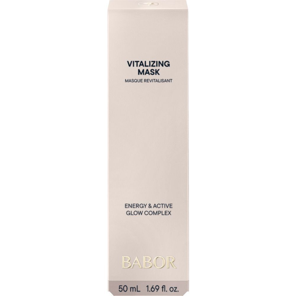 Rückseite einer Babor Vitalizing Mask Tube mit Produktinformationen und Inhaltsstoffen.