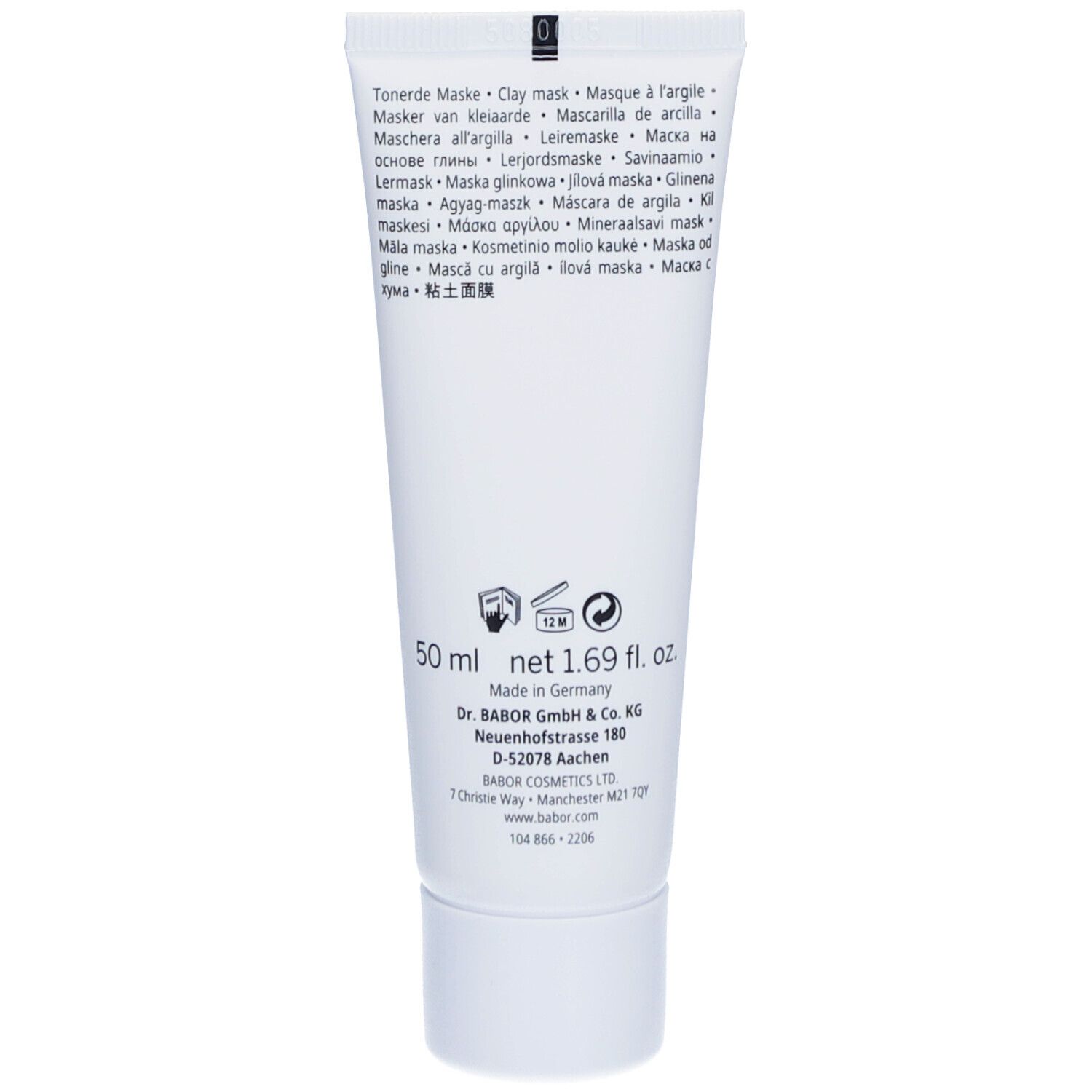 Rückseite der Tube. Text in mehreren Sprachen, 50 ml, 1.69 fl. oz. Made in Germany.