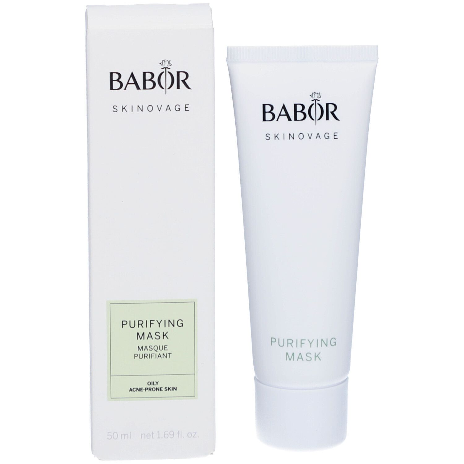 Weiße Verpackung und Tube. BABOR SKINAVAGE, PURIFYING MASK, für unreine Haut.