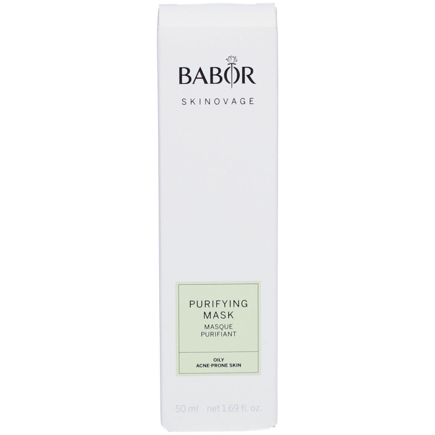 Weiße Verpackung mit PURIFYING MASK, Masque Purifiant, für unreine Haut.