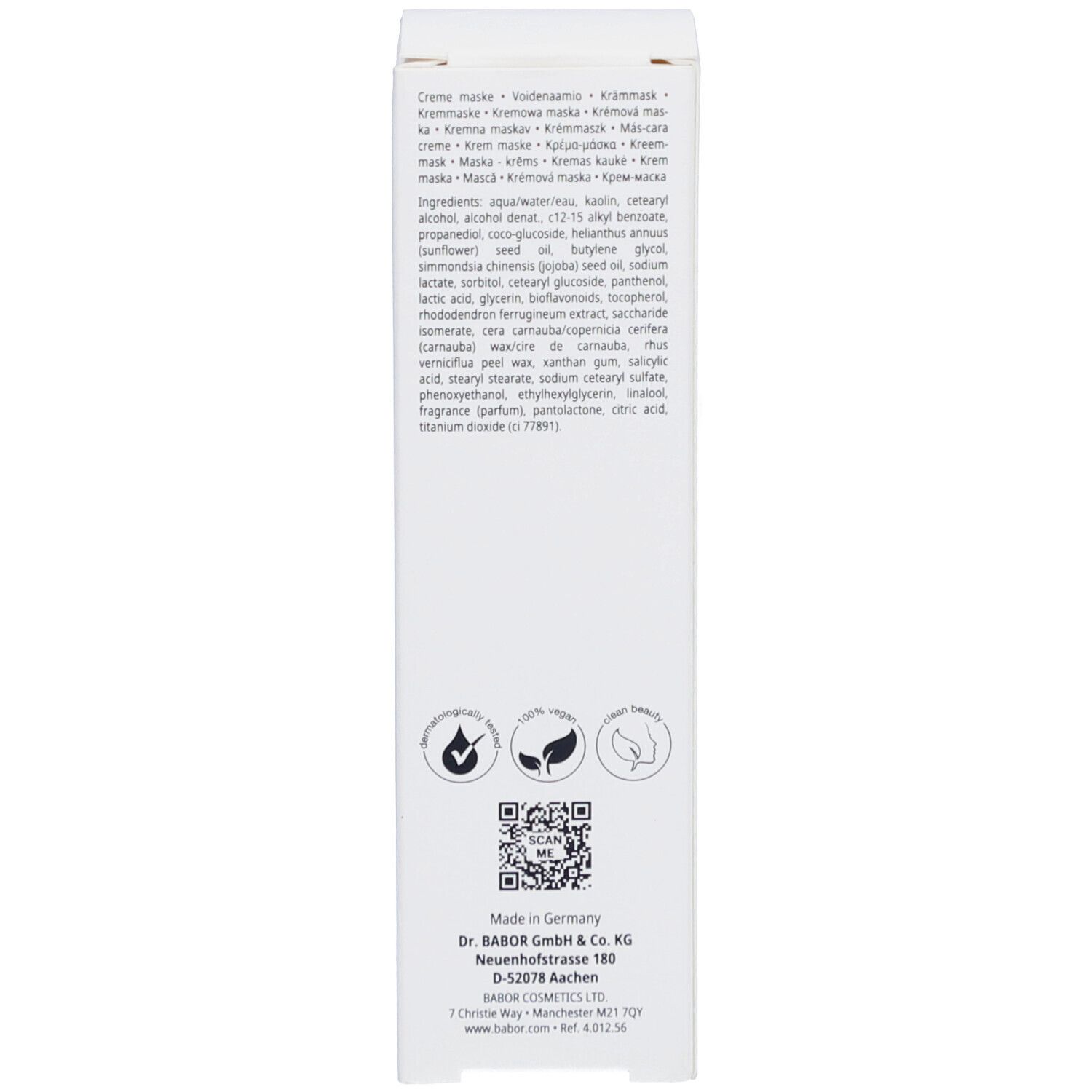 Inhaltsstoffe und Logos auf der Verpackung. Made in Germany.