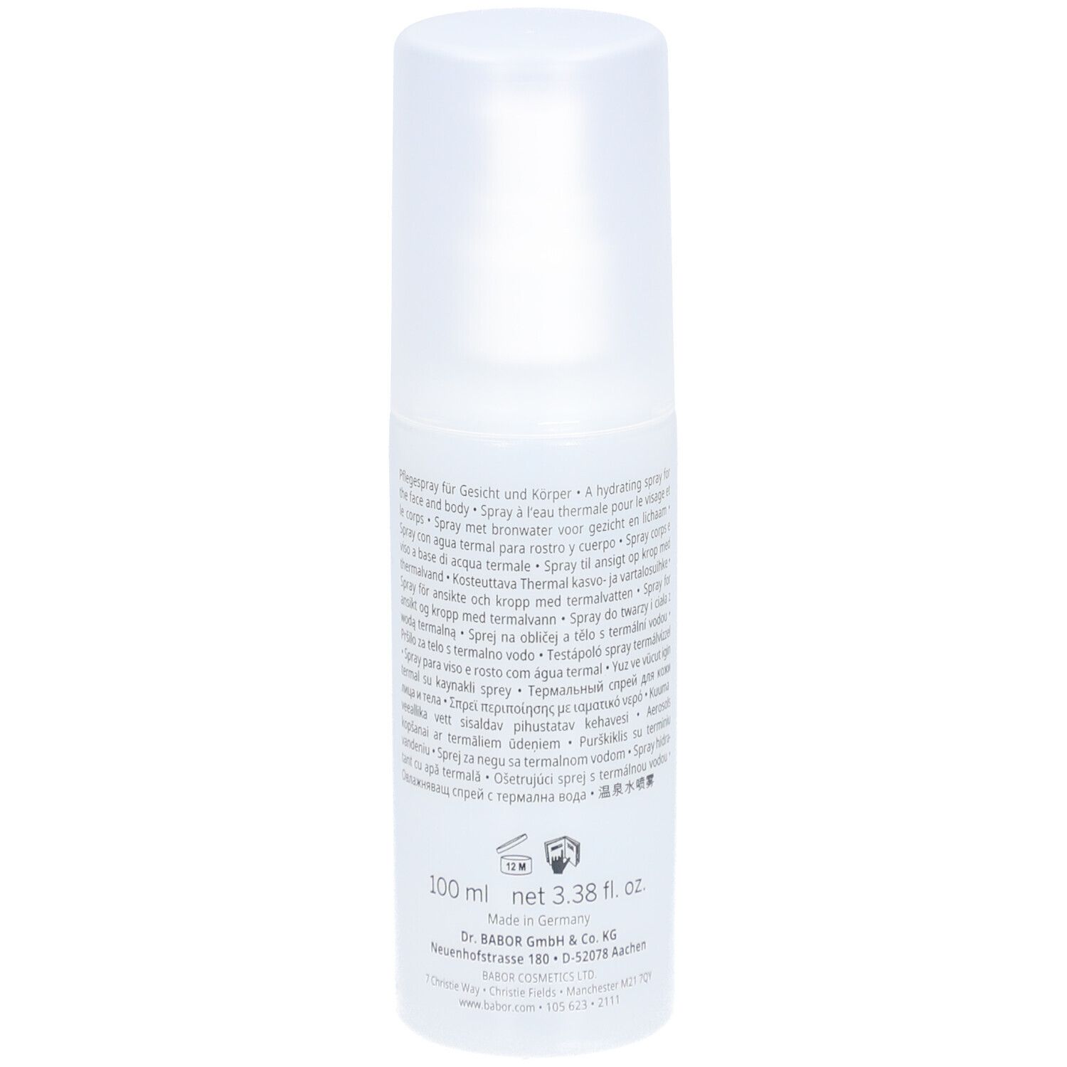 BABOR Thermal Spray, weiße Flasche mit Sprühkopf. Text auf der Rückseite, 100 ml.