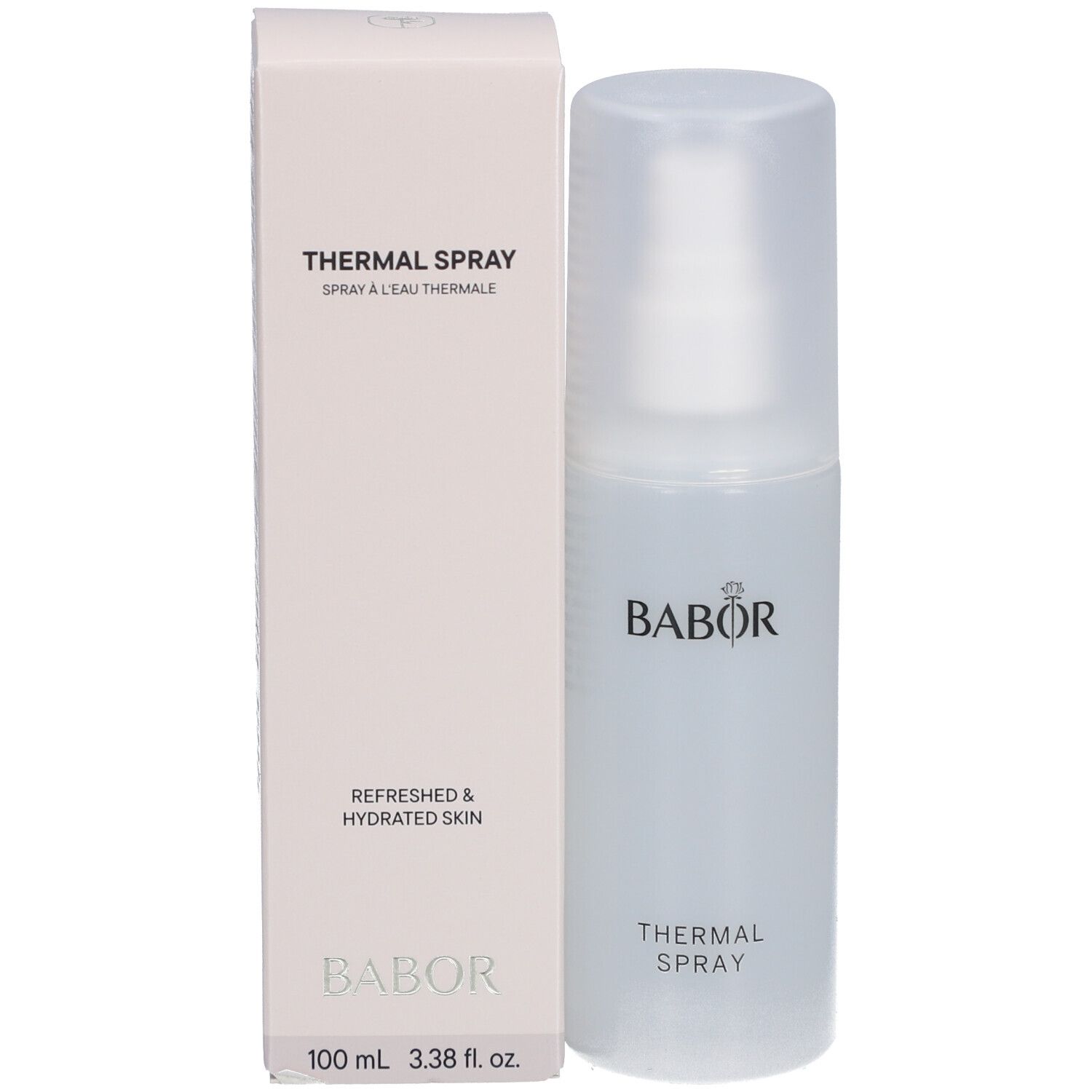 BABOR Thermal Spray, Flasche und Verpackung. Aufdruck: Thermal Spray, 100 ml.