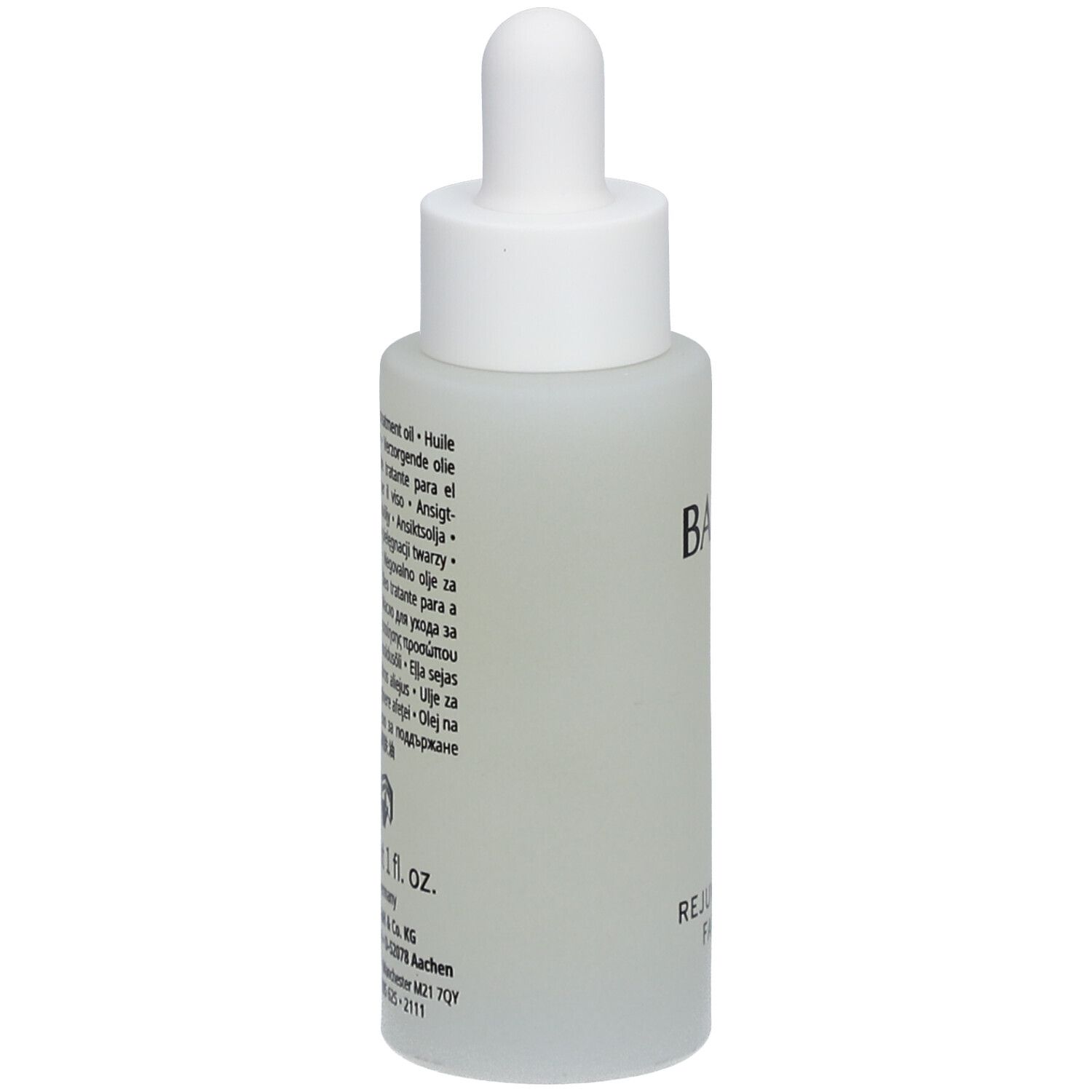 Gesichtsölflasche, Rückansicht. Text in mehreren Sprachen. Marke BABOR und Produktname sind sichtbar.