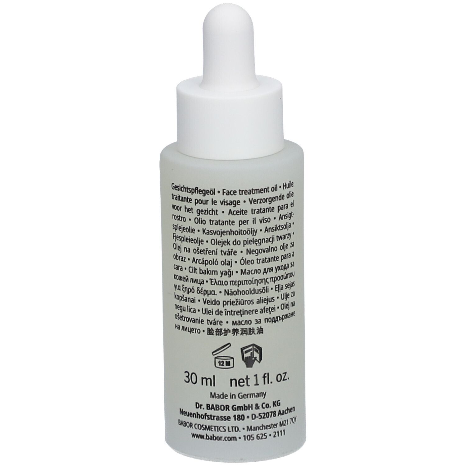 Gesichtsölflasche, Rückansicht. Text in mehreren Sprachen. Marke BABOR und Produktname sind sichtbar.