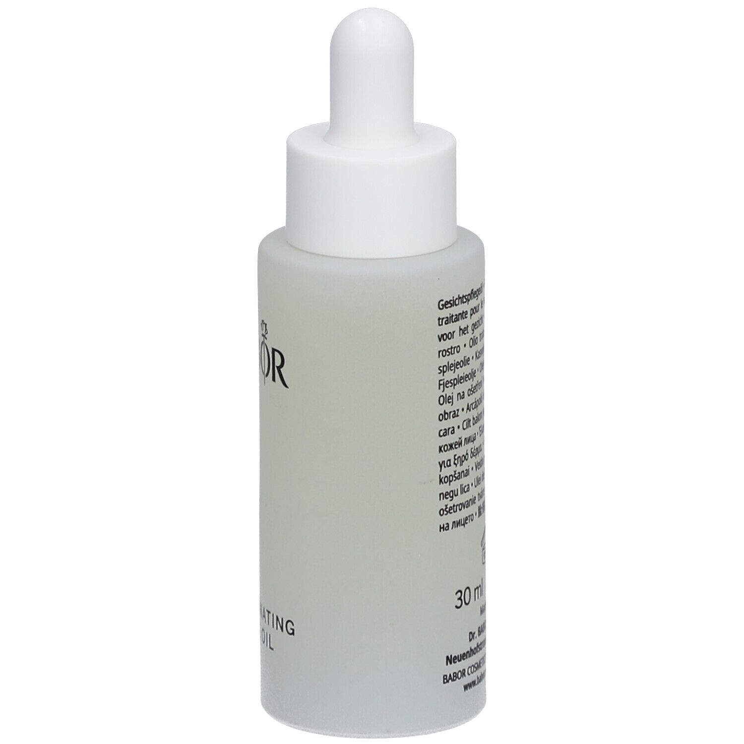Gesichtsölflasche mit weißem Deckel und Pipette. Marke BABOR und Produktname sind sichtbar.
