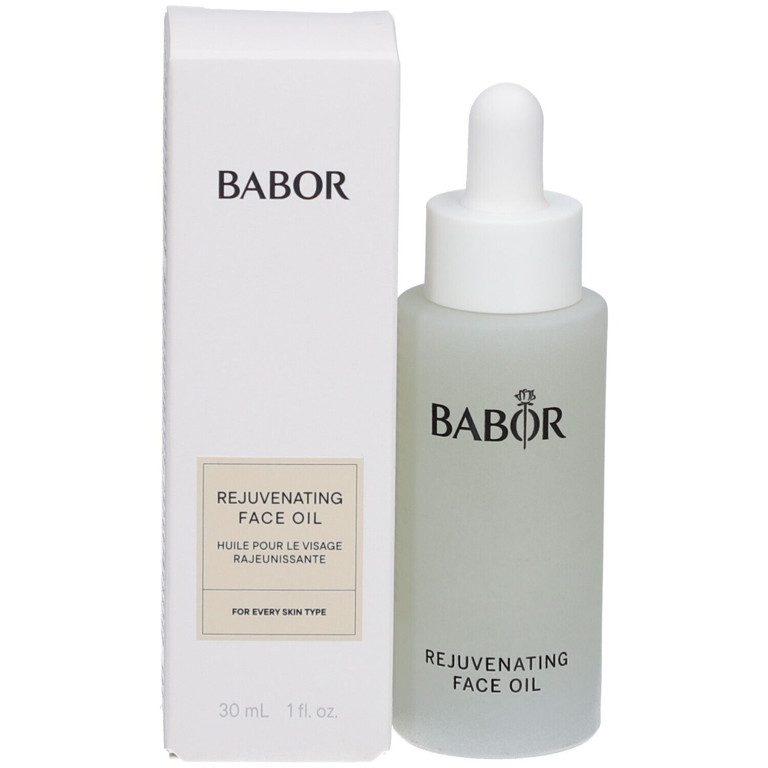 Verpackung für Gesichtsöl. Marke BABOR und Produktname sind sichtbar. Text: Für jeden Hauttyp.