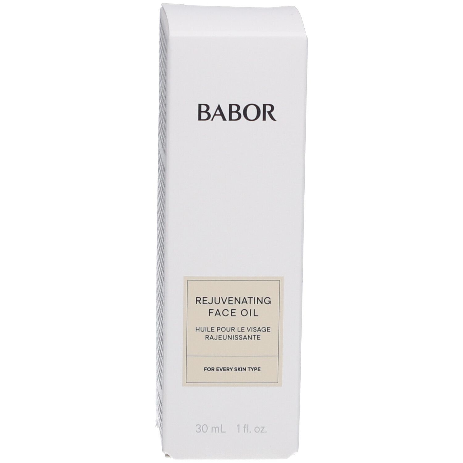 Gesichtsölflasche mit weißem Deckel und Pipette. Marke BABOR und Produktname sind sichtbar.