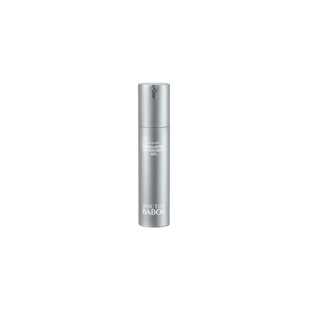 Flacon argenté avec 'Exfoliating Antioxidant Gel'.