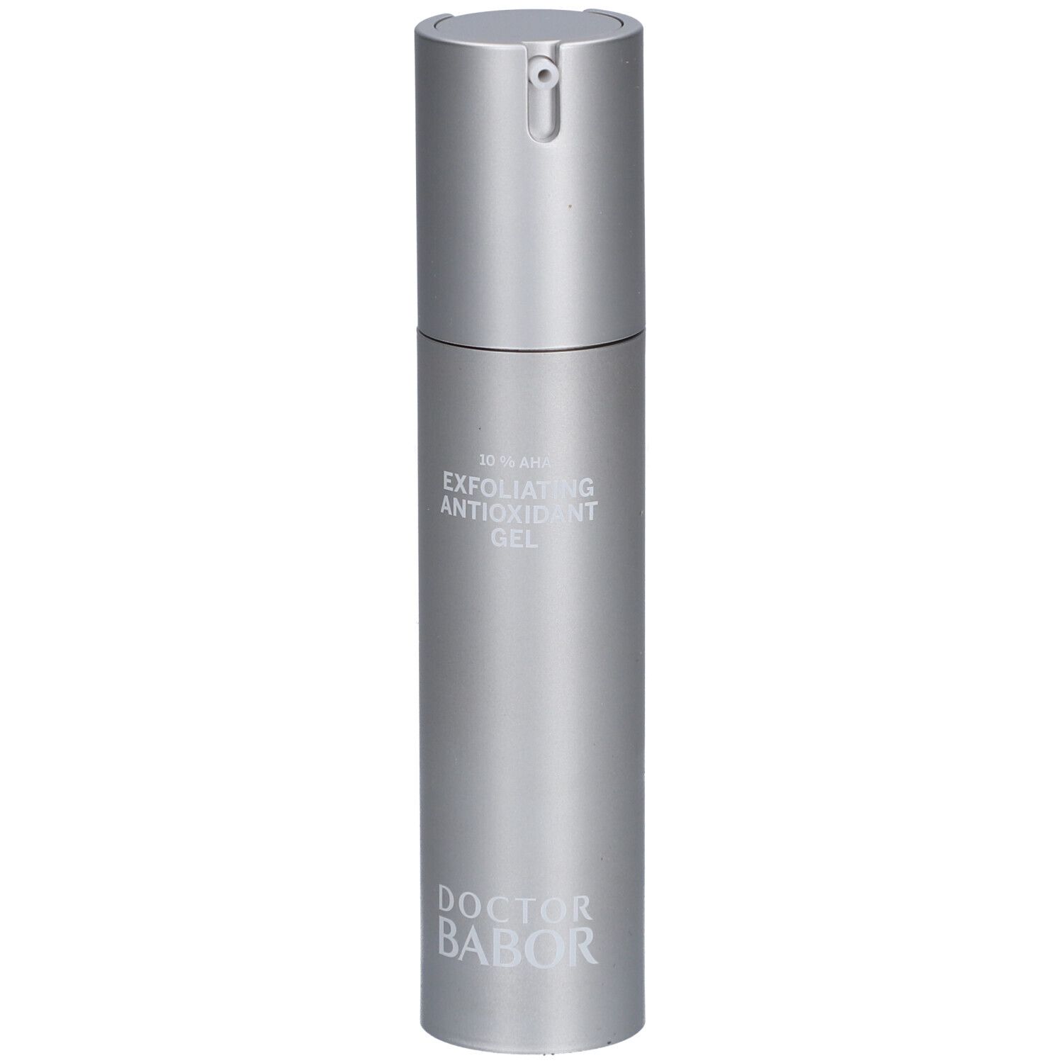 Flacon argenté avec 'Exfoliating Antioxidant Gel' et 'Doctor Babor'.