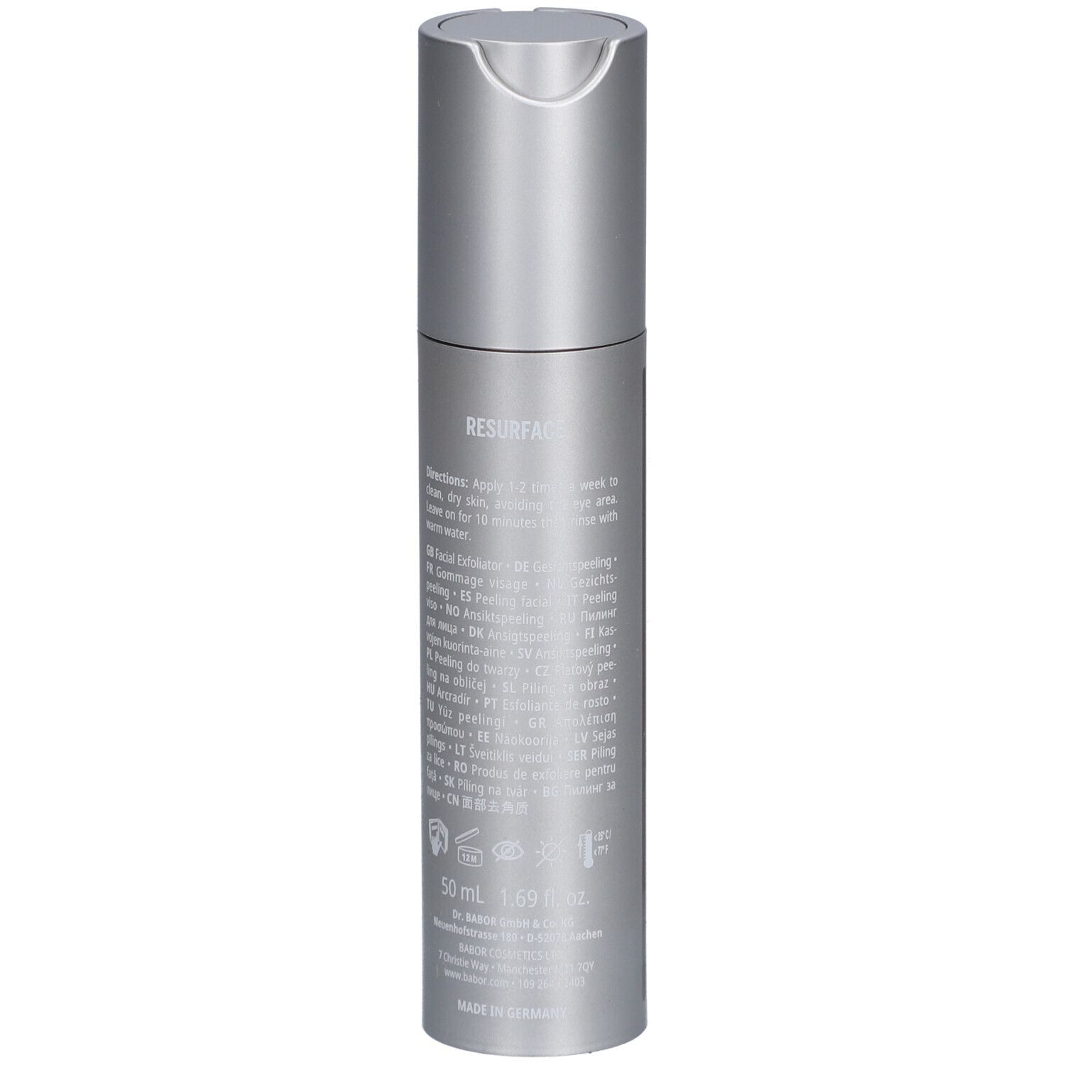 Flacon argenté avec texte, dont '50 ml 1.69 fl. oz.' et logos.