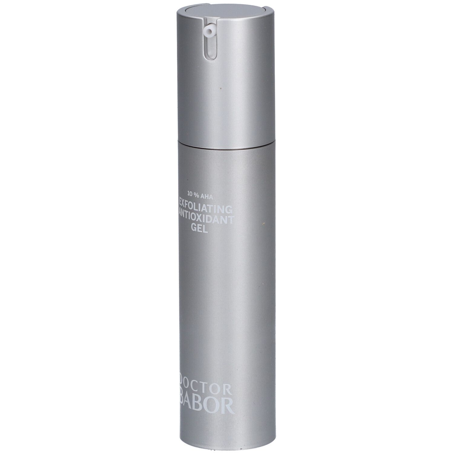 Flacon argenté avec 'Exfoliating Antioxidant Gel' et 'Doctor Babor'.