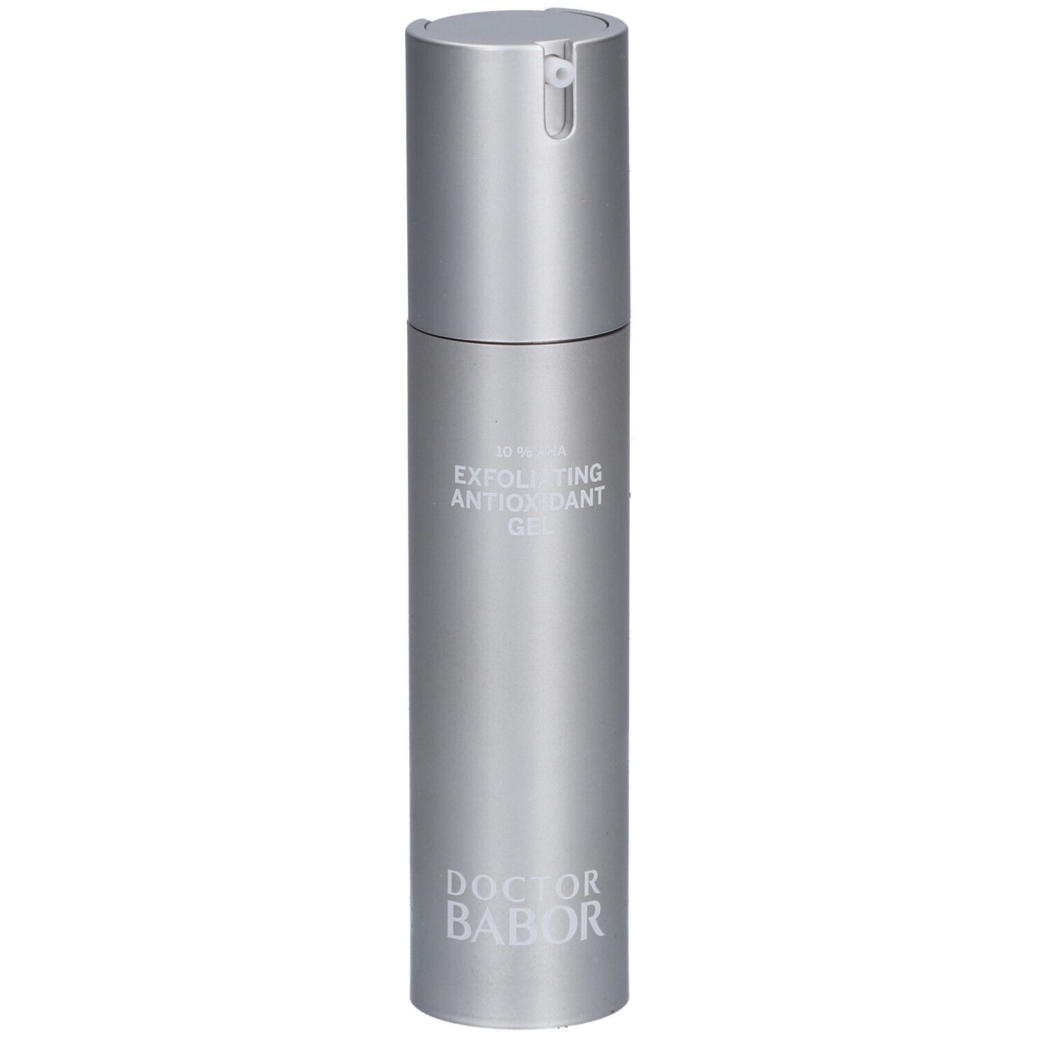 Flacon argenté avec 'Exfoliating Antioxidant Gel' et 'Doctor Babor'.
